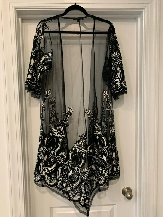 Mechant Sheer Black Mesh kimono duster embroidered L. Vintage - Picture 7 of 10